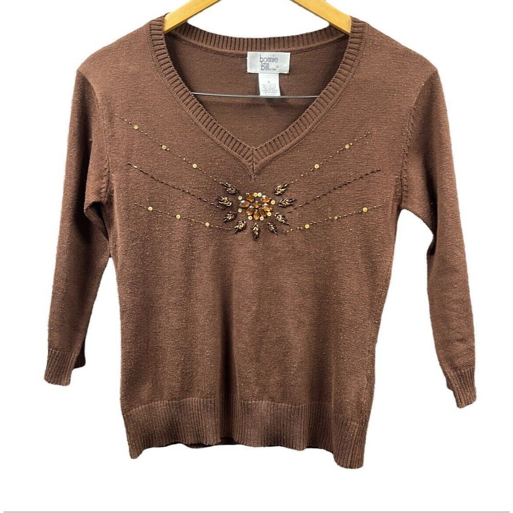 Bonnie and Bill by Holly Sweater Women Small Brown Beaded 3/4 Sleeve V Neck‎ Top